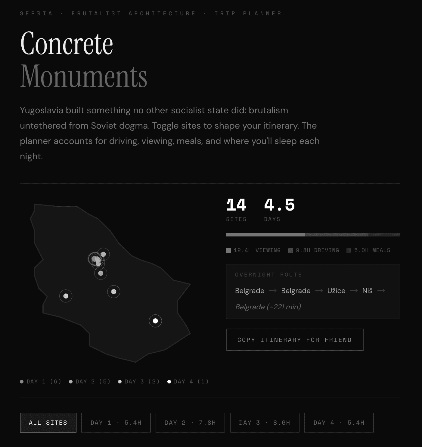 Dynamic roadtrip planner for a Serbian architectural adventure
